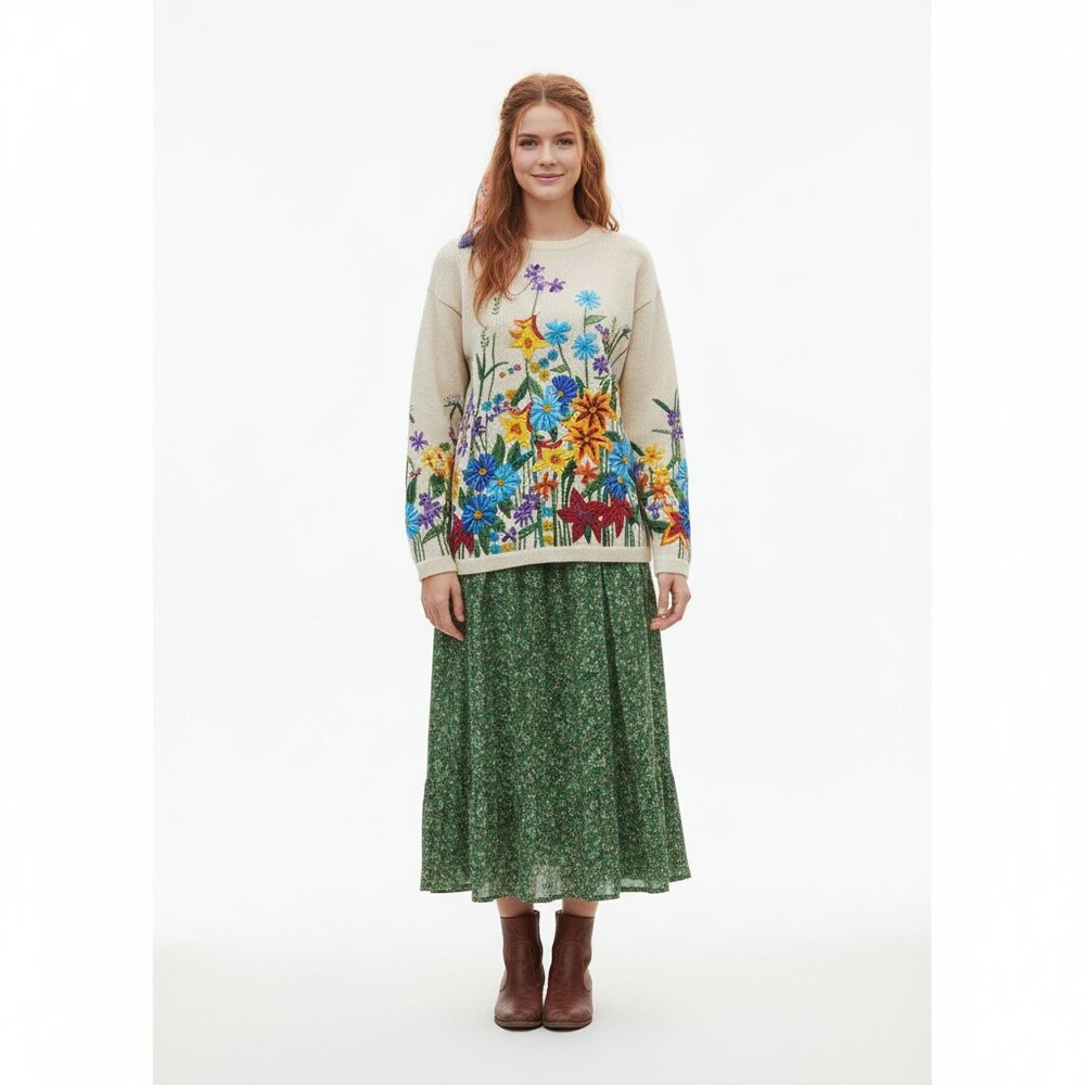 Vintage Cedars Beaded Floral‎ Embroidered Sweater Small Cottage Boho Whimsical